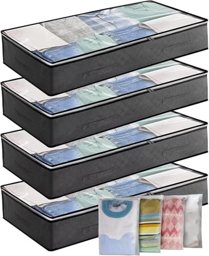 Underbed Storage Box 4Pack 90L Large Under Bed Storage Bag with 4 x Large Zip lock Bags - Under bed Storage Box with PVC Window for Clothes, Duvets, Comforters, Blankets, Bedding, Quilts