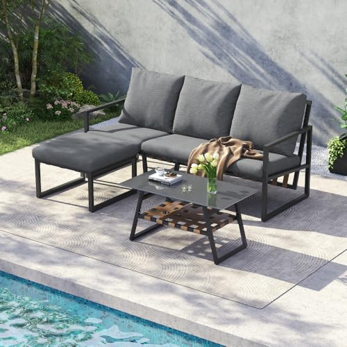 Zepneiy Ensemble de Meubles de Jardin d'angle, Comprenant Un canapé + Une Table Basse + Un Repose-Pieds, Plateau en Verre, Tube en Acier galvanisé, adapté aux espaces extérieurs, Gris