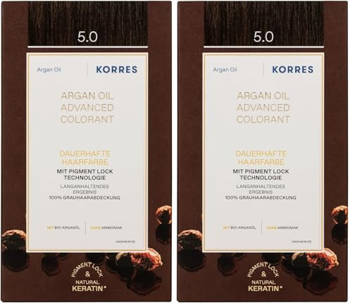 KORRES Argan Oil Colorant – ammoniakfreie Haarfarbe Hellbraun 5.0 – mit Bio-Arganöl, 100% Grauhaarabdeckung & vegan für ein langanhaltendes Farbergebnis (Packung mit 2)