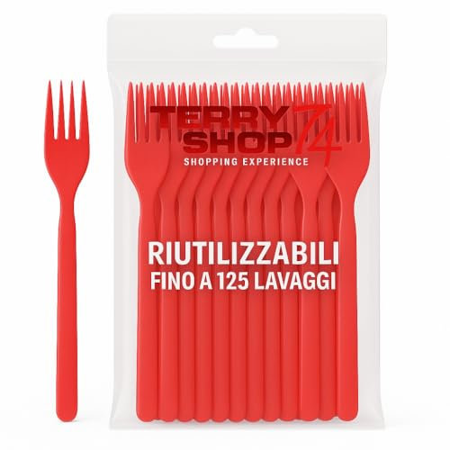 Terryshop74 Forchette Riutilizzabili Lavabili in Lavastoviglie Fino a 125 Volte – 7 Pollici – 6 Colori – Plastica Resistente – Varianti Coltelli e Cucchiai Bianchi (100, Forchette rosse)