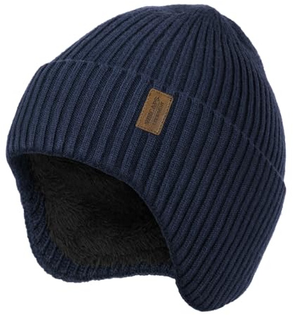 Wmcaps Winter Beanie with Earflap for Men Women, Thick Fleece Lined Soft Thermal Warm Unisex Knit Hat Woolly Hats for Outdoor Activity Gifts for Men Husband Dad Him, Navy Blue