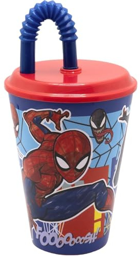 CARTOON Gobelet avec paille pour enfants, gobelet en plastique réutilisable semi-rigide BPA Free capacité 430 ml (Spiderman (1))