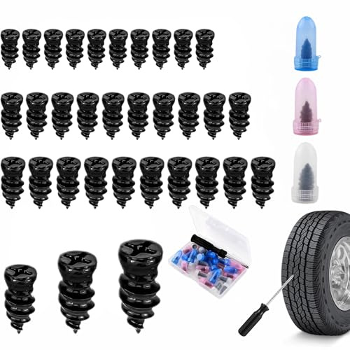 30 Piezas Kit Antipinchazos Coche Repara Pinchazos con 3 Tamaños (10 S+10 M+10 L) de Clavos de Goma para Neumáticos al Vacío y Destornillador Kit de Reparación de Neumáticos para Coche Moto Bicicleta