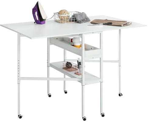 Table de Couture Pliante Hauteur Réglable avec roulettes | En bois, roulettes bloquables, rangement intégré, pour atelier couture, salle créative, bureau, table mobile et pliable