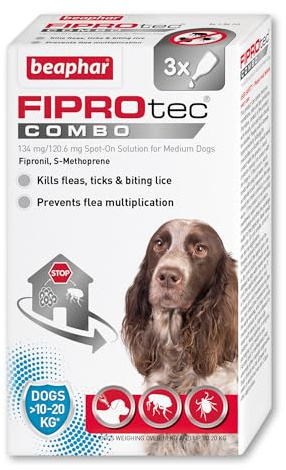 Beaphar - FIPROtec® COMBO for Medium Dogs (10-20kg) – 3 pipettes - Kills Fleas, Flea Eggs, Flea Larvae & Ticks - Stops Fleas Multiplying on Pet and in Home - Vet Strength Dog Flea Treatment