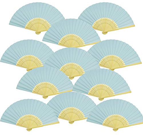 Woohome 12 PCS Hand Fan Foldable Paper Fan for Dancing, Part, Picnic, Wedding Party Gift, Guest Favour Wedding Decoration (Light Blue)