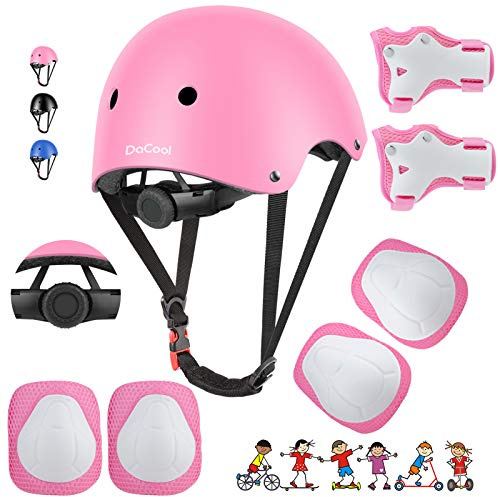 DaCool Kids Bike Helmet Skateboard Knee Pads - Toddler Helmet Adjustable for 3~10yrs Girls Boys Child Kids Protective Gear Set for Sport Cycling Bike Roller Skating Scooter, Pink