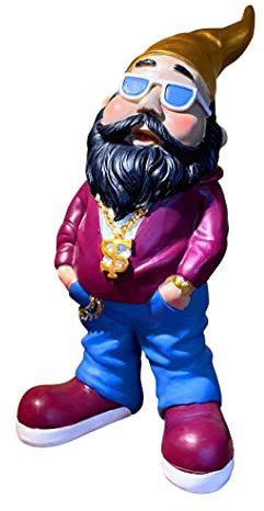 SEWAS Gartenzwerg Rocker Goldkette Golduhr Goldmütze und schwarzem Bart, handbemalt und wetterfest aus hochwertigem Kunstharz, Hiphop Rap Figur