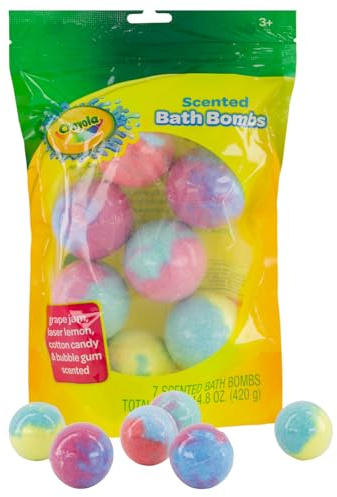 Crayola Scented Bath Bombs for Kids (7 Count), Non-Toxic, Stain Free, Multi-Colored Fizzy Bath Bombs with Grape, Lemon, Cotton Candy & Bubblegum Scents