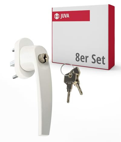 JUVA Fenstergriffe Abschliessbar Weiß | 8 Stück | Kindersicherung Fenster | Drehkipp-Rasterolive mit Schloss & Schließzylinder | Einbruchschutz Fenstergriff | versperrbare Fenstersicherung Kinder