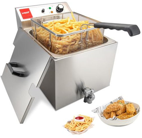 Valgus Friteuse électrique professionnelle en acier inoxydable 3000W 16L | grand friteuse avec vidange, panier et couvercle pour les restaurants à usage commercial