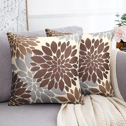 Lot de 2 Housses de Coussin 40 x 40 cm Marron et Gris Dahlia Décoratifs Moderne Abstrait Taie d'oreiller Géométrique Carrée Douce pour Canapé Banc Jardin Extérieur