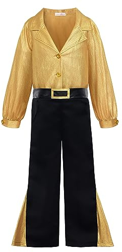 ReliBeauty Disfraz Disco Niños 3 a 12 años Dorado con Pantalón Años 70 Años 80 Disfraz Carnaval Fiestas,150