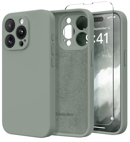 SuydanBox Magnetic for iPhone 13 Pro Case, Compatible with MagSafe, [Full Camera Protection][Screen Protector] Silicone Shockproof Protective Phone Case for iPhone 13 Pro 6.1, Calke Green
