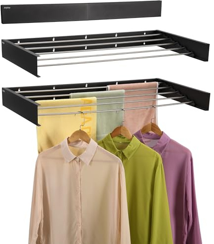 JolyBay Wall Mounted Laundry Drying Rack, Retractable Clothes Drying Rack for Bathroom with Wall Template, 5 Stainless Rods Heaving 60 lb Capacity (Black, 40)