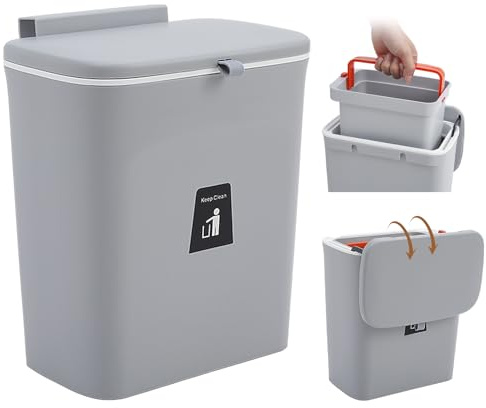 Warmiehomy 9L Wall Mounted Kitchen Cupboard Bin with Lid | Removable Inner Bucket, Hanging Waste Rubbish Bins with Hidden Scraper, Sliding Cover for Cupboard, Bathroom, Grey
