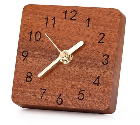 Kattepote Sapele-Holz Leise Tischuhr ohne Ticken, Nicht tickende, Batteriebetriebener Tischuhr für Schlafzimmer, Heimbüro, in quadratischer Form