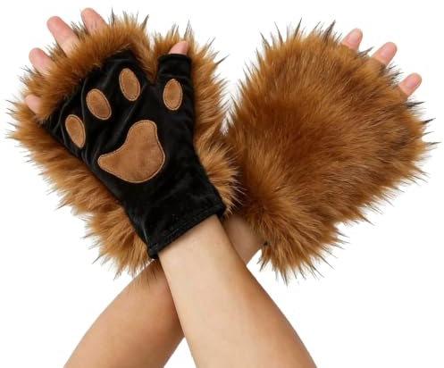 ITODA lurviga katttasshandskar djurhandskar tecknad björn räv tass klo handskar vinter varma handskar halvfingerhandskar hårig handvärmare fest cosplay kostym handskar för vuxna