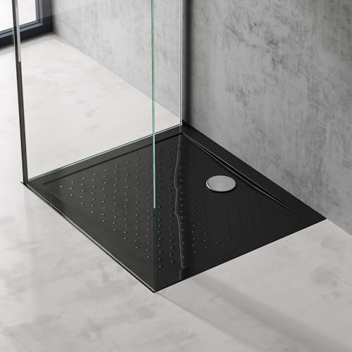 doporro Plato de Ducha Rectangular Antideslizante 80x90x4 cm – Acrílico Negro, Conexiones DIN, Instalación a Ras de Suelo – Lucia02