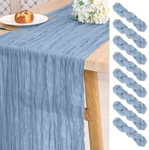 Pesonlook 8-pack dammig blå ostduk bordslöpare lång, 50 x 300 cm | 3 m romantisk halvren rustik boho gasväv bordslöpare för bröllop, möhippa, fest, bankett examensdekoration