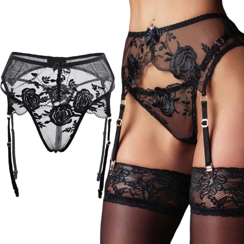 Reggicalze e perizoma Set da donna sexy in pizzo con reggicalze trasparenti giarrettiere con 4 clip metalliche regolabili per calze erotiche biancheria intima + G-string