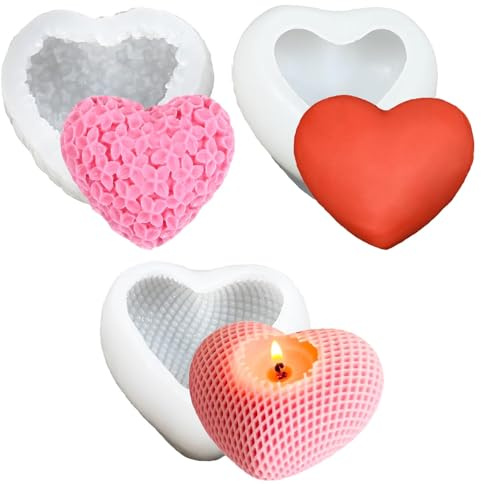 LIUYIDM 3 Pezzi Stampi in Silicone per Candele Stampi per Candele 3D per Candele a Forma di Cuore, fai da te in silicone per Sapone, per Sapone, Cioccolato, Decorazione per Torte