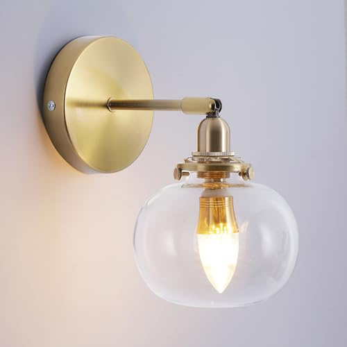 GreeLustr Vintage Wall Light Adjustable Head 5″Spherical Glass Shade | E27 Industrial Copper Gold Finish Retro Indoor for Living Room Bedroom Bathroom Vanity Mirror