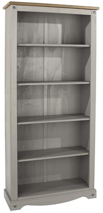 Home Source Solid Pine Wood Large Tall Bookcase, 5 Book Shelves, Grey