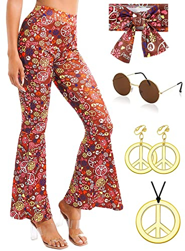 YADODO Costume Hippie des Années 70 pour Femme - Pantalon Évasé Bohème - Vêtements Hippie Disco - Costume de Carnaval des Années 60 et 70 - Costume d'Halloween