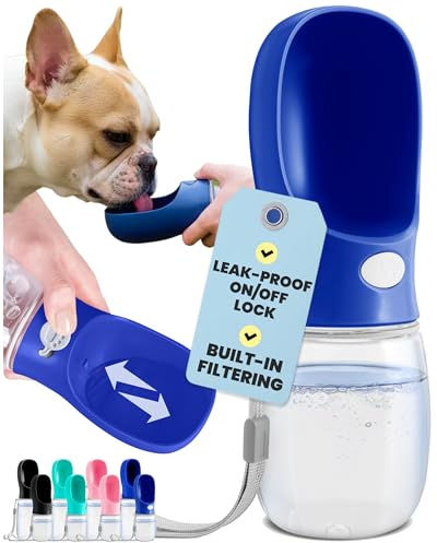 MalsiPree Dog Water Bottle Dispenser for Walks - 12 oz Navy Blue - Leak-Proof Lock & One-Hand Operation - On The Go Dog Water Dispenser- Pet Travel Bottle with Built-in Bowl, for Hiking & Travel