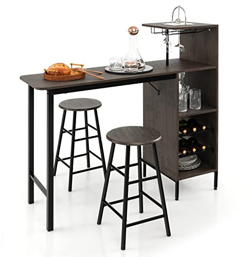 LIFEZEAL Bartisch Set, Tresentisch mit 2 Barhocker, Esstisch Stehtisch mit Weinglashalter & Ablage, Küchentheke Bistrotisch Industrie-Design, Stehtisch für Bar, Bistro & Wohnzimmer (Schwarz)