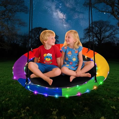 Costzon 40” Tree Swing with LED Lights for Kids Adults, Indoor Outdoor Flying Saucer Swing with Adjustable Multi-Strand Hanging Ropes for Tree, Backyard, Playground (Colorful)