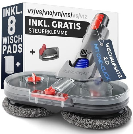 HELDENWERK Wischaufsatz für Dyson V7/V8/V10/V11/V15/Gen5 Staubsauger, Dyson Zubehör Wischaufsatz, Elektrischer Bodenwischer mit Wassertank, Füllbehälter & 8 waschbaren Mops