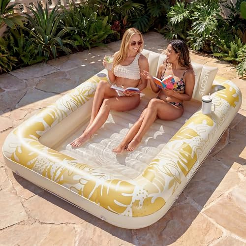 SLOOSH Inflatable Tanning Pool Lounger Float, 85 x 57 Extra Large Pool Floats Adult with Pillow, 4 in 1 Suntan Tub Raft Floatie,Sunbathing Bed Lounge for Water Blow Up Ball Pit, XL-Golden White