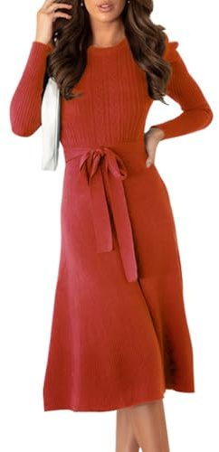 IBAKOM Vestito Maglione Autunnale da Donna Vestito Invernale Aderente Lavorato a Maglia a Maniche Lunghe con Cintura con Volant Vestito Midi Linea A Vestiti Casual, Rosso, S