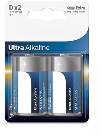 D/LR20 Alkaline batteries in pack of 2, with 30% longer life.Perfect for high drain devices, provide efficiency and durability for all your energy needs.