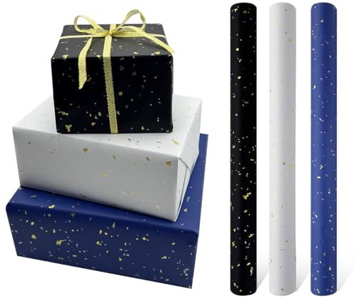 3 Rollen Geschenkpapier zum Geburtstag, 43 cm x 3 Meter, blau-weiß-schwarze Geburtstags-Geschenkpapierrolle, perfekt für Geburtstage, Valentinstag, Partys, Hochzeiten, Festgeschenkdekorationen