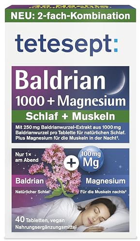tetesept Baldrian 1000+ Magnesium – 1 × 40 Tabletten – Nahrungsergänzungsmittel unterstützt einen natürlichen Schlaf und entspannte Muskeln – Vegan