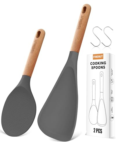 FINENUT Cooking Spoon Multifunction Spoonula Silicone Spatula Spoon 2-Pack, Dual-Use Heat Resistant 446°F, BPA-Free Non-Toxic Wooden Handle Rice Spoon Set for Non-Stick Cookware & Rice Cookers (Gray)