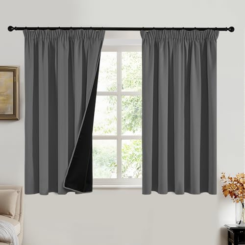 PONY DANCE 100% Blackout Thermal Insulated Curtains, 66x54 Inch, Grey | Pencil Pleat Rod Pocket Curtains for Bedroom and Living Room, 2 Panels, Noise Reduction, Light Blocking & Privacy Drapes