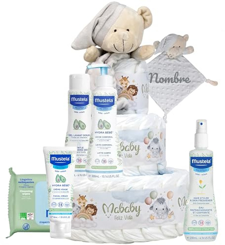 Mababyshop Tarta de Pañales Bebé Mis Primeros Cuidados con Doudou Osito Personalizado con Nombre, 42 Pañales Pingo Talla 2, Set Aseo Bebé con Gel, Champú y Crema, Regalo Nacimiento (Gris)