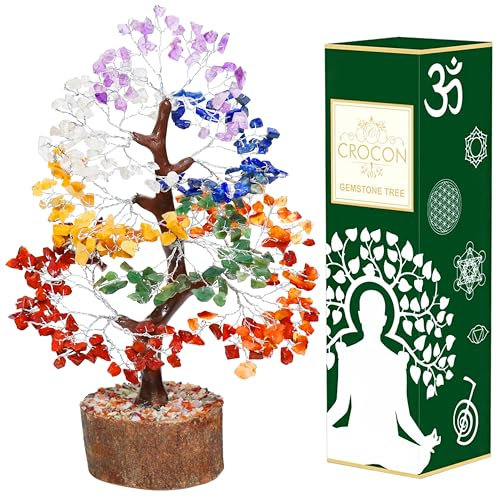 Crocon Seven Chakra Gemstone Tree Feng Shui Figurine Money Bonsai Good Luck Reiki Healing Crystals Balancing Decoration Ornament Sculpture Wealth Prosperity Table Room Decor Gift Size 10-12
