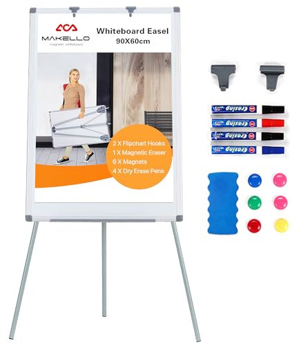 MAKELLO Flipchart 90x60cm, Whiteboard mit Ständer, Höhenverstellbar, Trocken Abwischbar, Tragbare, Magnetische, Flipcharts für Büro