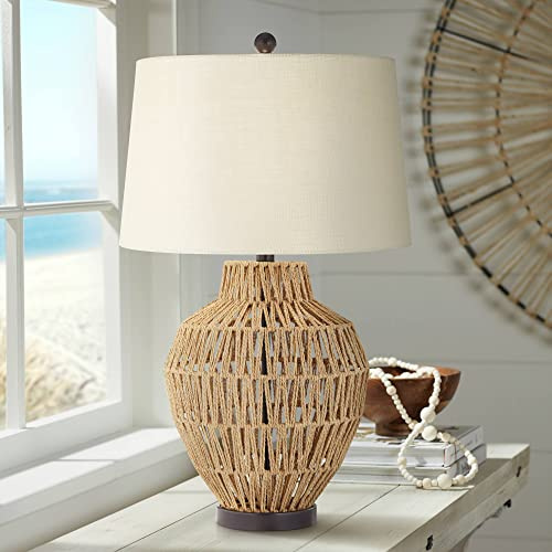 360 Lighting San Marcos Modern Coastal Cottage Core Table Lamp 27 Tall Natural Wicker Black Metal Oatmeal Fabric Drum Shade Decor for Living Room Bedroom House Bedside Nightstand Office Reading