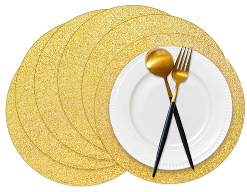 Set di 50 tovagliette in carta glitterata color oro, 30 cm, rotonde usa e getta, centrini con paillettes dorate, per matrimoni, banchetti, feste, casa, sala da pranzo