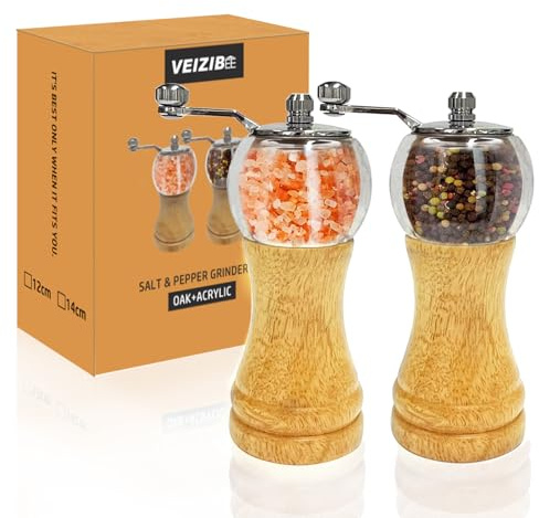 Molinillo de Sal y Pimienta 2 Piezas de Madera Maciza de Roble con Mecanismo de Cerámica Ajustable de Fino a Grueso - Molinillo Manual de Especias para Cocina - Juego de Molinillos Fuerte 6 Pulgadas