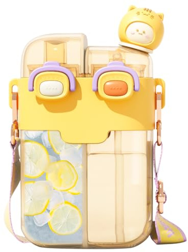 Cute Water Bottle for Kids: 26oz Kawaii Water Bottle for Girls, Funny Bear Water Bottles with Straw and Strap, Dual Compartments Leak-proof Plastic Drinking Cup for School Sport Travel (Yellow)