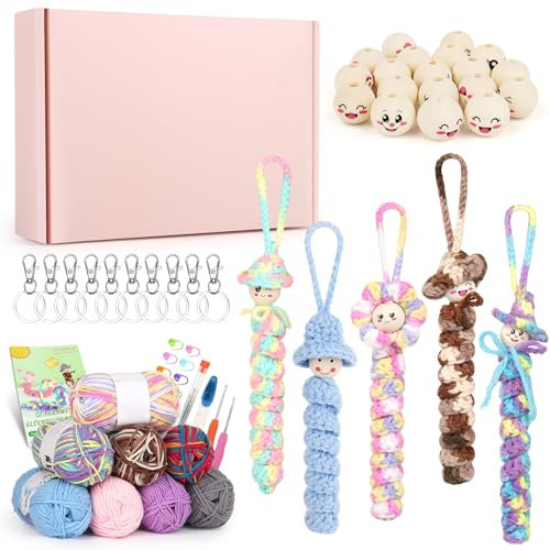 Coopay Häkelset für Sorgenwürmchen mit 4 Bunt Häkelgarn und 4 Farbverlauf Häkelgarn, Glückswürmchen Häkel Set mit 50 Stk Holzkugeln mit Gesicht, Anleitung, Häkelnadel, Glückswürmchen Häkelset