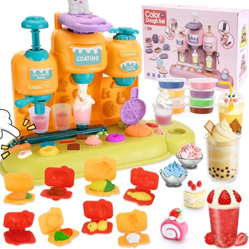 Crelloci 3-in-1 Play Color Dough Set Combines Coffee Maker, Ice Cream Machine & Smoothie Blender, Creative Toys for 3+ Year Old Kids, Arts and Crafts for Girls and Boys