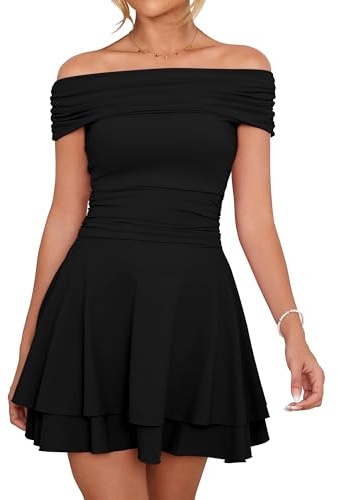 Kaximil Women's Off The Shoulder Mini Dress Ruffle Hem Ruched Corset Short Cocktail Party Dresses, X-Small, Black